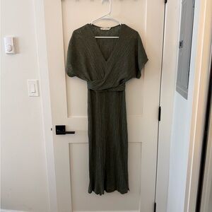 All in Favor Olive Green V-Neck Wrap Style Midi Dress
